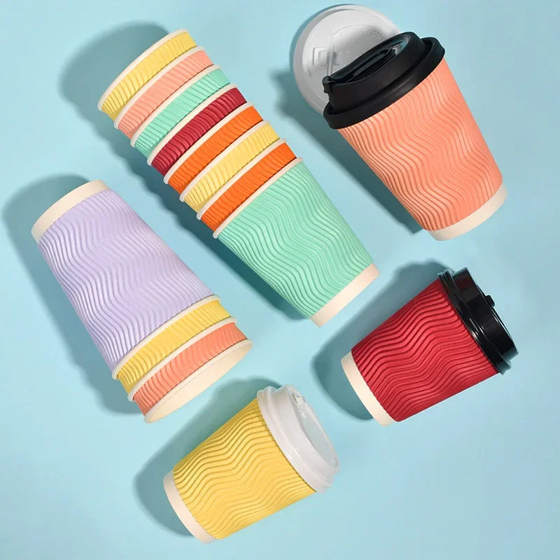 Disposable Corrugated Coffee Cups 8oz, Three-Layer Insulated Milk Tea Cups 12oz, Threaded Cups, Available for Wholesale, Thickened Paper Cups