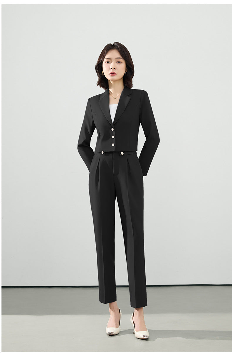Cross-Border Gray Suit Set for Women, Spring and Autumn Short Style Professional Formal Wear, Hotel Front Desk Long-Sleeve Workwear Blazer