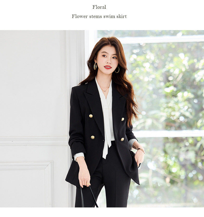 Double-Breasted Suit Set for Women, Autumn and Winter New Style, Korean Fashion, Casual, Professional Attire, Slim Fit, White-Collar Business Long-Sleeve Suit
