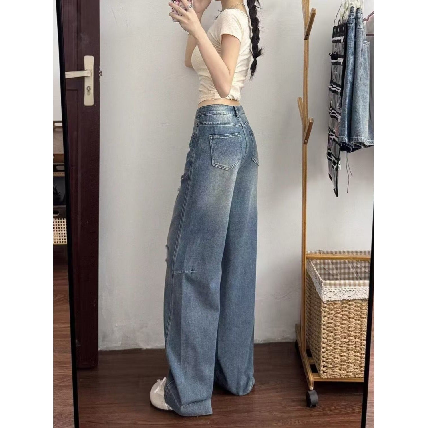 American Style Ripped Jeans for Women, Autumn New Plus-Size High-Waisted Pear-Shaped Figure Slimming Loose Wide-Leg Pants
