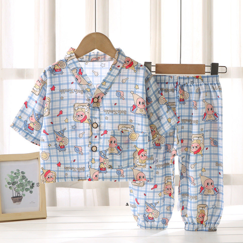Children's Home Clothes Cotton Silk Suit Summer Boys and Girls Pajamas Artificial Cotton Two-Piece Set Cotton Silk Air-Conditioned Clothes Kidsren's Clothing
