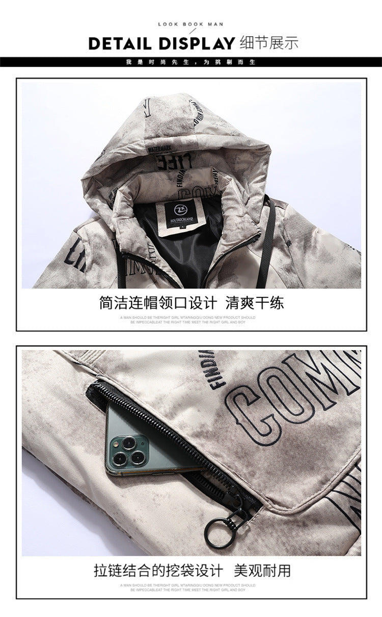 New Cotton-Padded Jacket for Men with Fur Collar, Thickeneded Jacket, Windbreaker, Winter Casual Hooded Warm Cotton Jacket, Mid-Length
