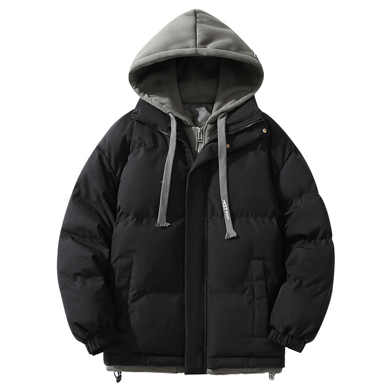 Hooded cotton-padded jacket winter thick warm couple's bread suit loose trend fake two-piece cotton-padded jacket men's hooded coat