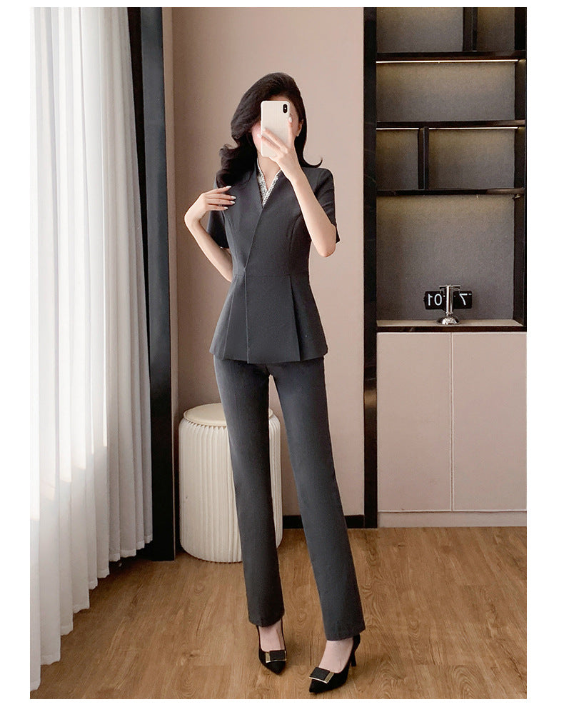 Blue Suit Jacket Women's Spring and Summer Short-sleeved Jewelry Store Front Desk Business Dress Dress Waist Tight Beauty Salon Suit suit