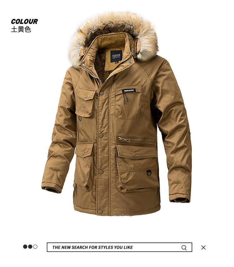 Autumn and winter new men's windbreaker Korean slim fit mid-length thick hooded coat plus size casual men's trendy