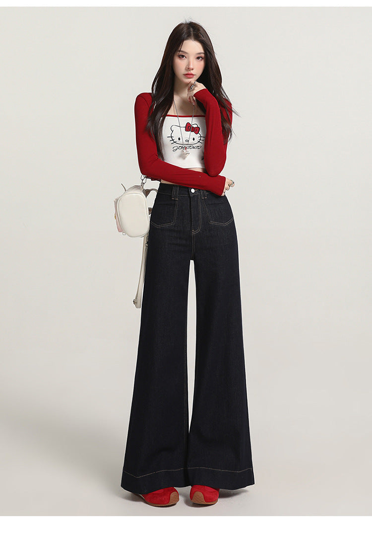 Retro American Style Denim Blue Flared Jeans for Women 2025 Autumn New Slimming Versatile Bootcut Pants