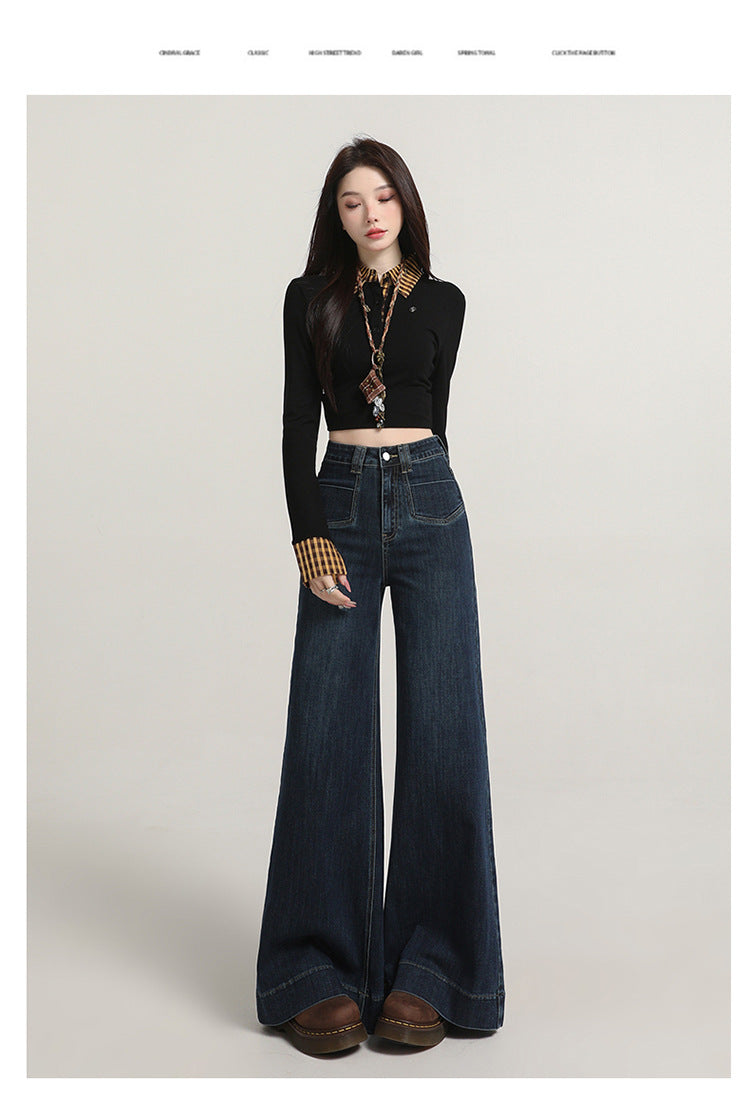 Retro American Style Denim Blue Flared Jeans for Women 2025 Autumn New Slimming Versatile Bootcut Pants