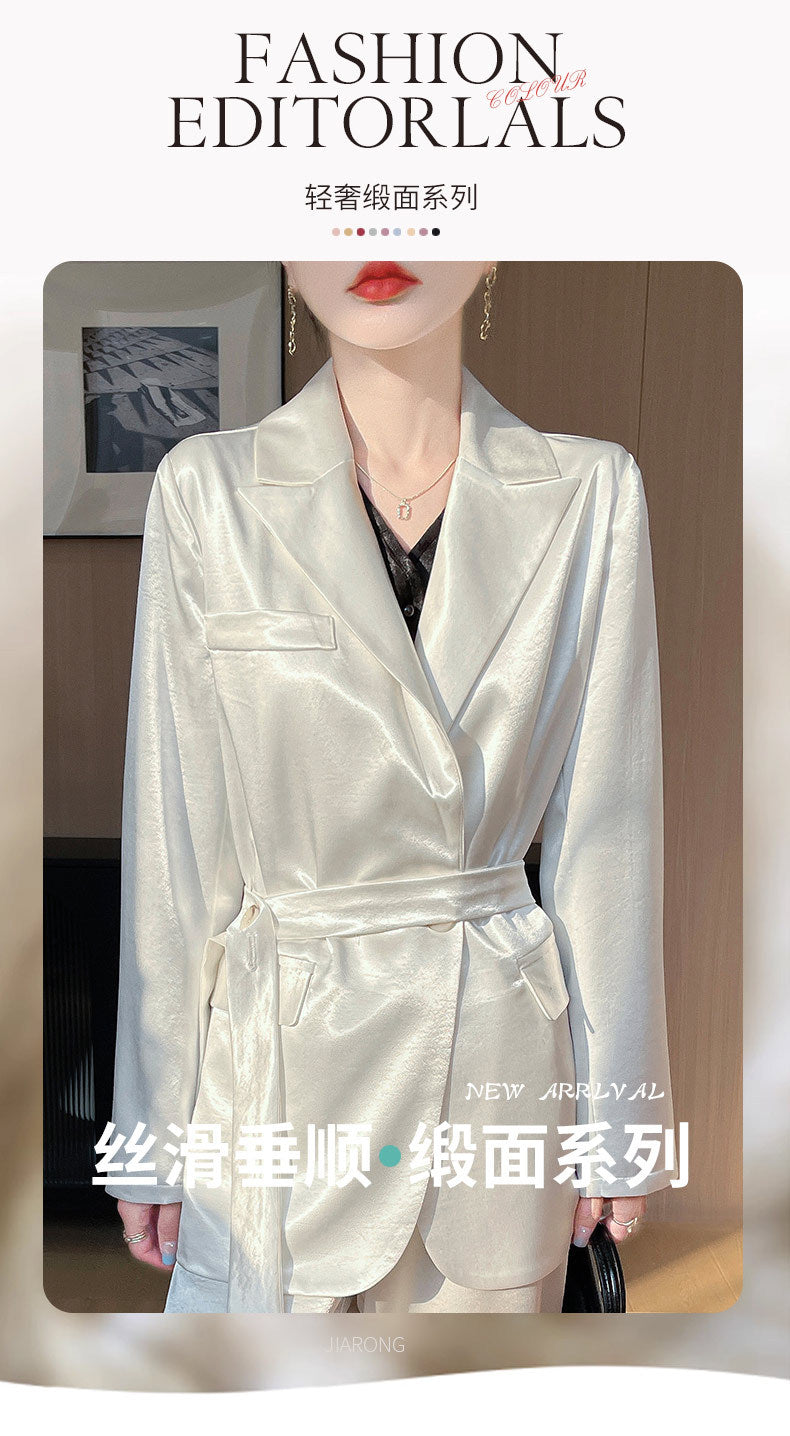 Light Luxury French Style Slimming Women's Coat Belt Satin Suit Women's Loose Elegant Glossy Casual Suit