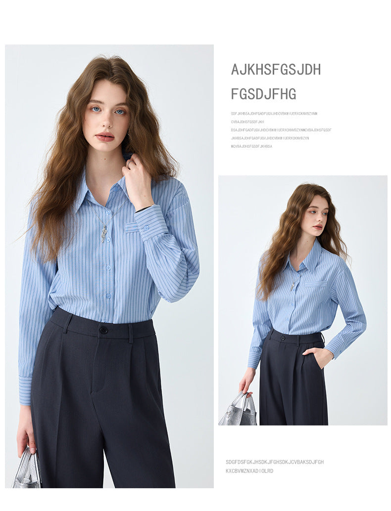 Light Workplace Blue Striped Long-Sleeved Shirt for Women, Spring and Autumn Design Professional Shirt, Commuting Versatile Top