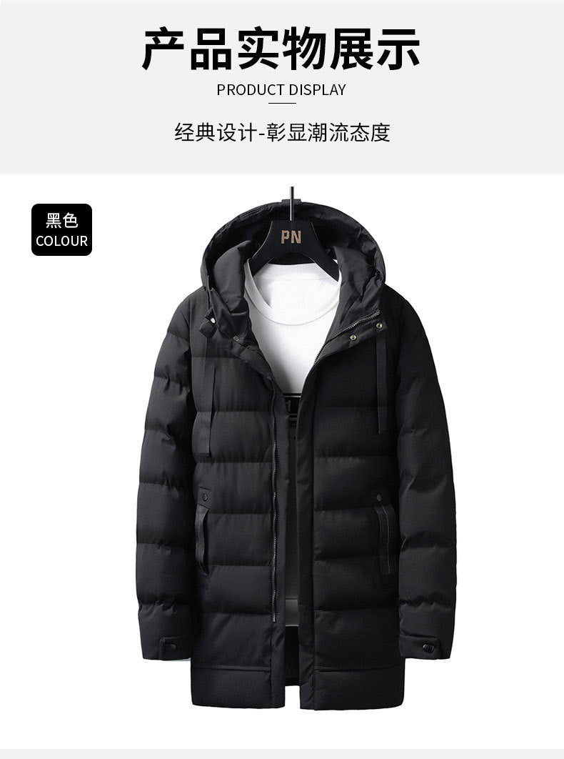 Mid-Length Hooded Cotton Coat for Young Men, Casual Warm Cotton Jacket, Thickened Puffer Jacket for Trendy Men, Winter Cotton Coat, Cross-Border