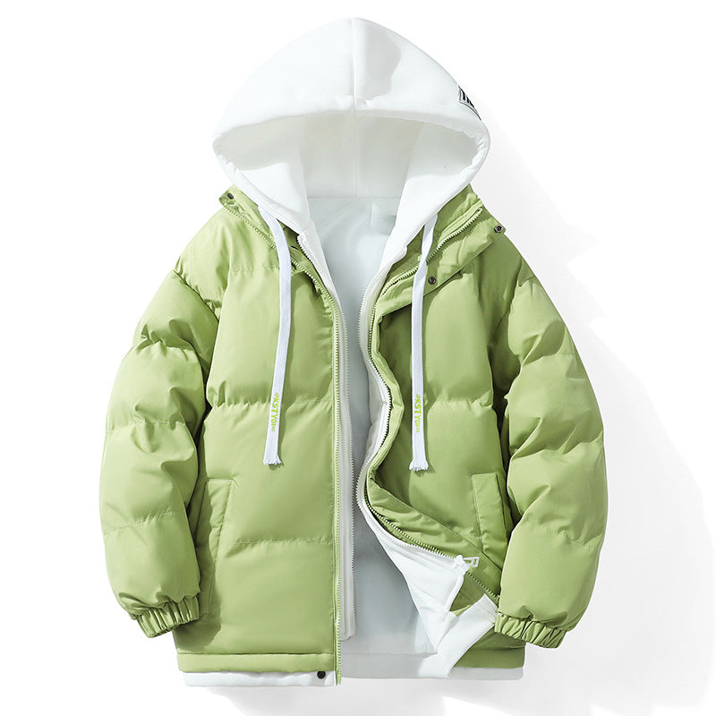 Hooded cotton-padded jacket winter thick warm couple's bread suit loose trend fake two-piece cotton-padded jacket men's hooded coat