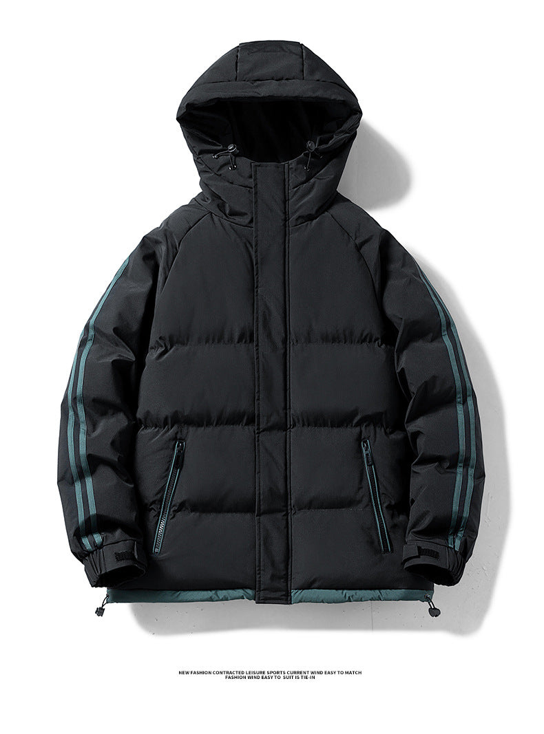 Cross-Border Wholesale Two-Stripe Cotton Jacket Unisex Hooded Cotton Coat Trendy Fashion Thickened Warm Cotton Jacket for Men