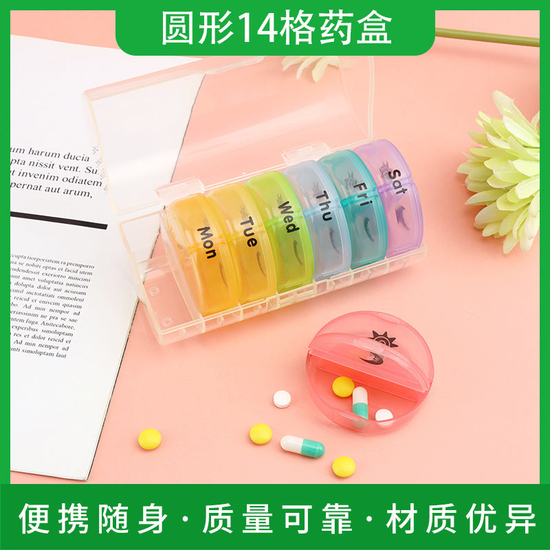 Seven days round box transparent color 14 grid medicine box detachable small size portable large capacity pp material packaging box