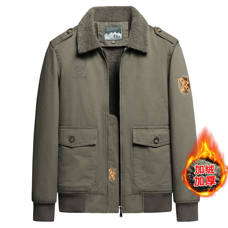 New Lamb Wool Jacket Men's Winter Thickened Wool Collar fleece-lined Overalls Cotton-padded Jacket Men's Jacket Casual Cotton-padded Jacket Aviator