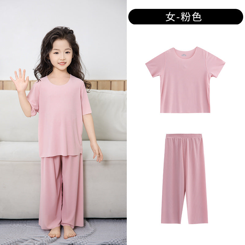 Summer New Style Boys' Short-Sleeved Loose Seamless Ice Silk Home Clothes Children's Two-Piece Set Girls' Pajamas Set Wholesale