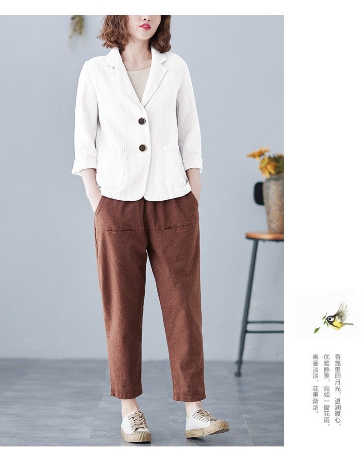 2025 Real Shot of New Cotton and Linen Retro Literary Loose Versatile Casual Long-Sleeved Button-Down Small Suit Short Jacket for Women