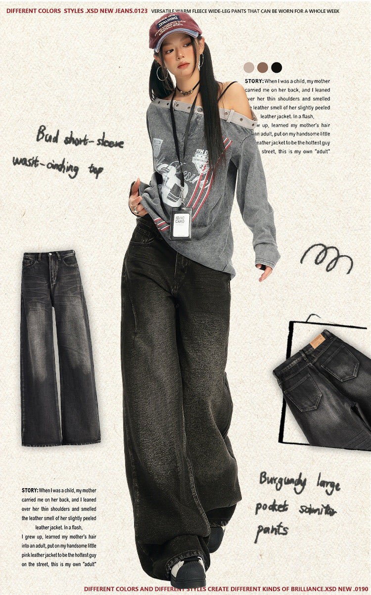 American Retro Wide-Leg Jeans for Women 2025 Early Autumn New Design Distressed Slimming Straight-Leg Floor-Length Pants