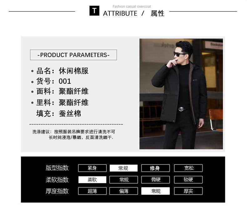 2024 winter new silk cotton-padded jacket casual men's business middle-aged cotton-padded hooded thick warm coat wholesale