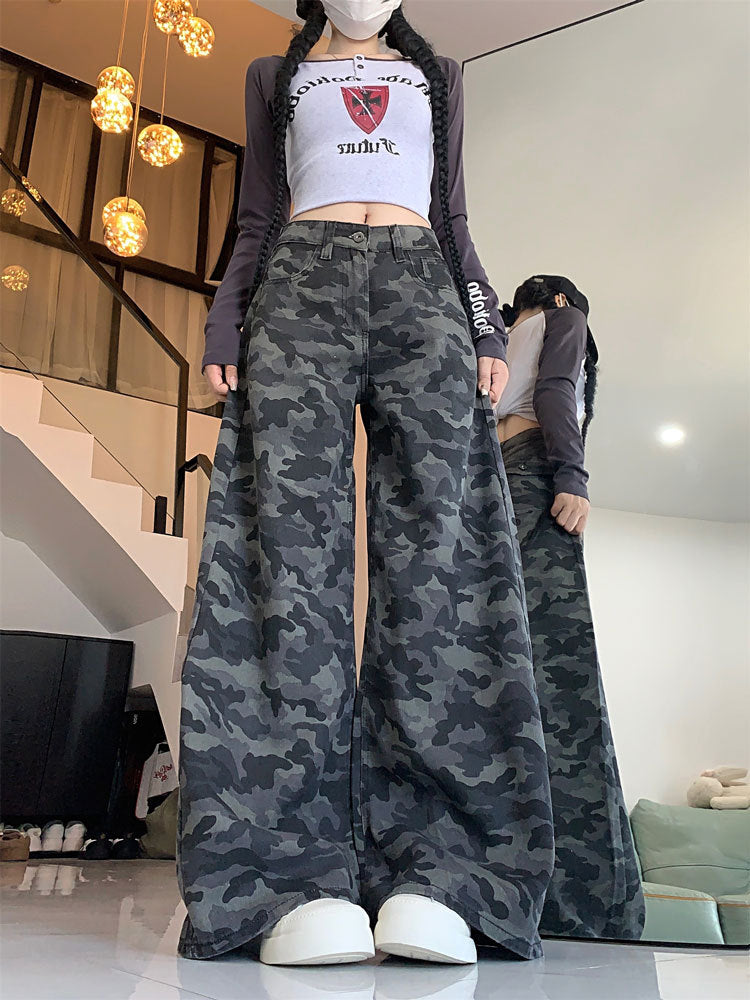 Plus Size Workwear Wide-Leg Camouflage Jeans for Women, Autumn American Style, Loose Retro Drape, Lazy Straight Pants for Chubby Women