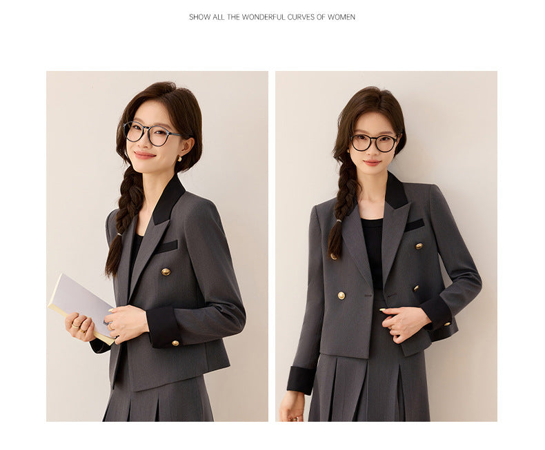 Cross-Border Black Short Blazer for Women, Petite Size, Suitable for College Students, Teacher Qualification Interview, Formal Attire, Elegant Suit with Skirt