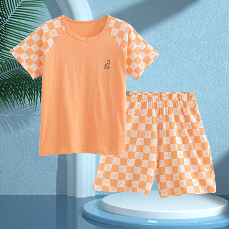 Children's Pajamas, Pure Cotton, Summer Short-Sleeved Shorts Set for Boys, Home Clothes for Girls, Air-Conditioned Clothes for Middle-Aged and Older Boys