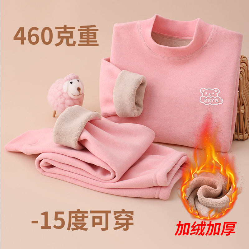 Autumn and winter fleece-lined children's clothing large children's mid-collar autumn pants children's inner warm bottoming shirt children's home clothing suit