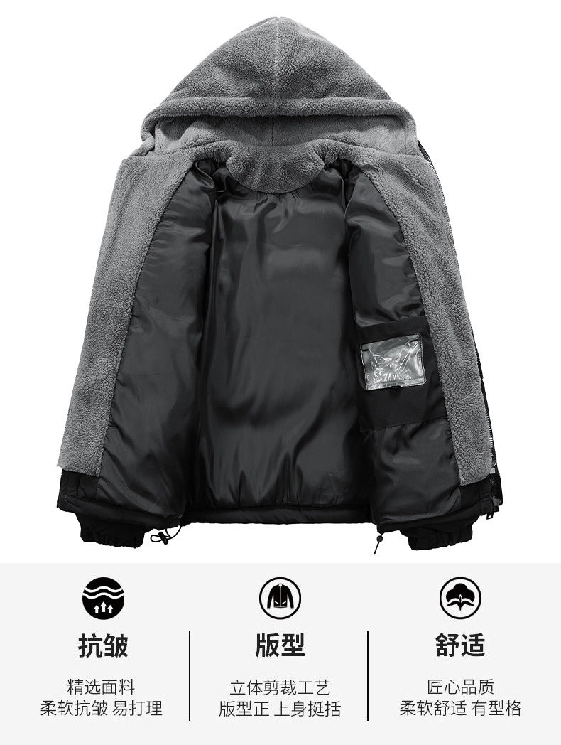 2025 Winter New Cross-Border Men's Cotton Jacket, Faux Two-Piece Solid Color Design with Fleece Lining and Thickened Polar Fleece Cotton Coat