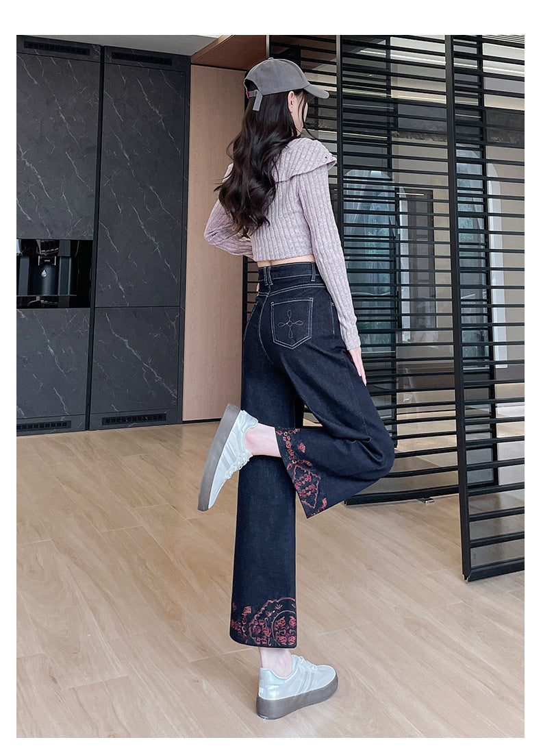 Denim Blue Embroidered Wide-Leg Jeans for Women, 2026 Autumn New Style, Loose Fit, High-Waisted, Straight-Leg, Cropped Pants for Petite Figures