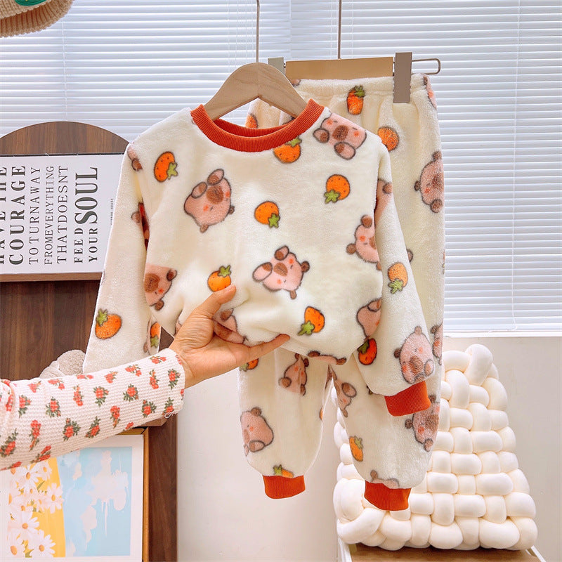 Men's and Women's Flannel Pajamas suit Autumn and Winter Middle and Big Children's Warm fleece-lined Thickened Autumn Clothes and Pants Home Clothes