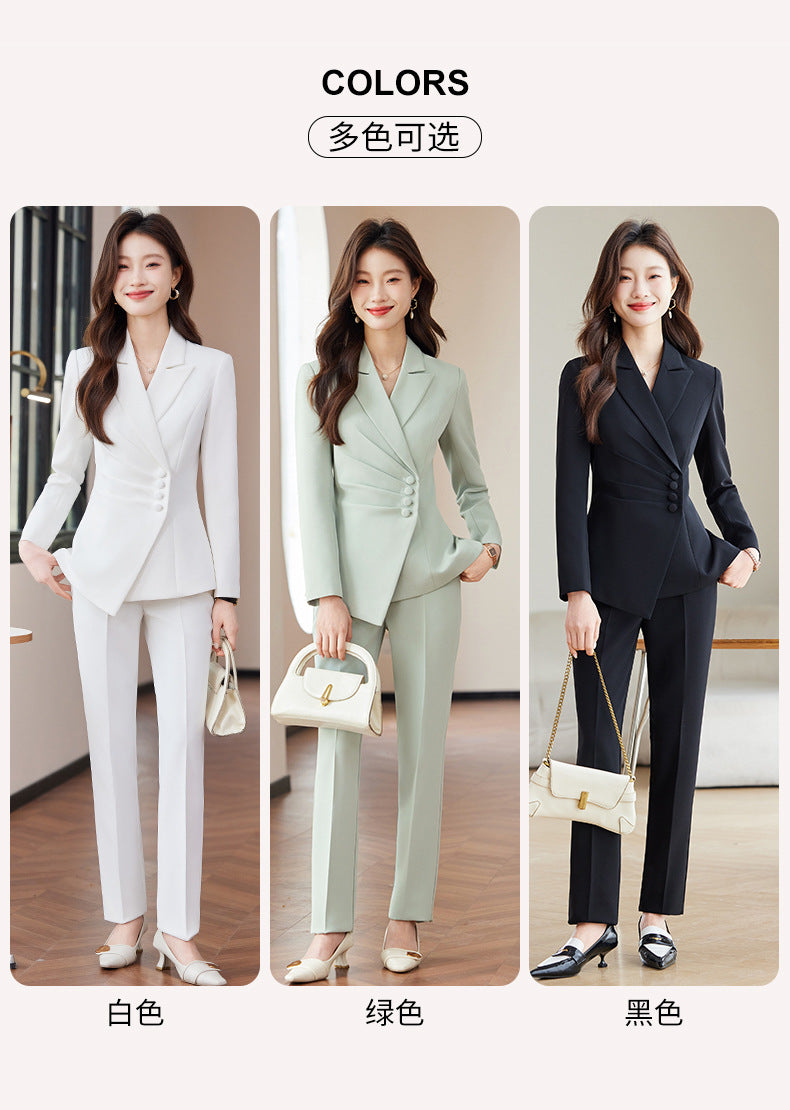 2025 Spring European and American Foreign Trade Green Slim Fit Small Suit Set Front Desk White Collar Workwear Wide-Leg Pants Suit Set