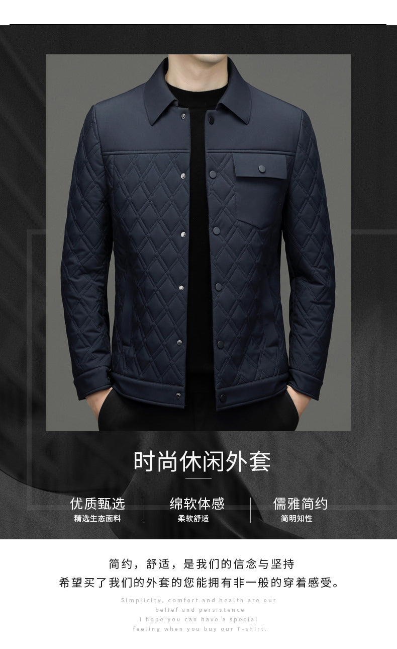 High-end men's mulberry silk cotton-padded coat business casual plaid middle-aged lightweight cotton-padded jacket autumn and winter men's lapel cotton-padded coat