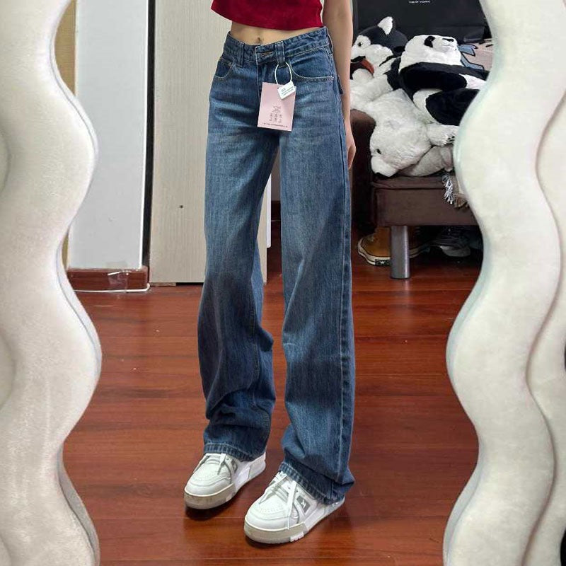High-Waisted Loose Straight-Leg Jeans for Women, Autumn New Blue Petite Slim-Fit Narrow Wide-Leg Pants