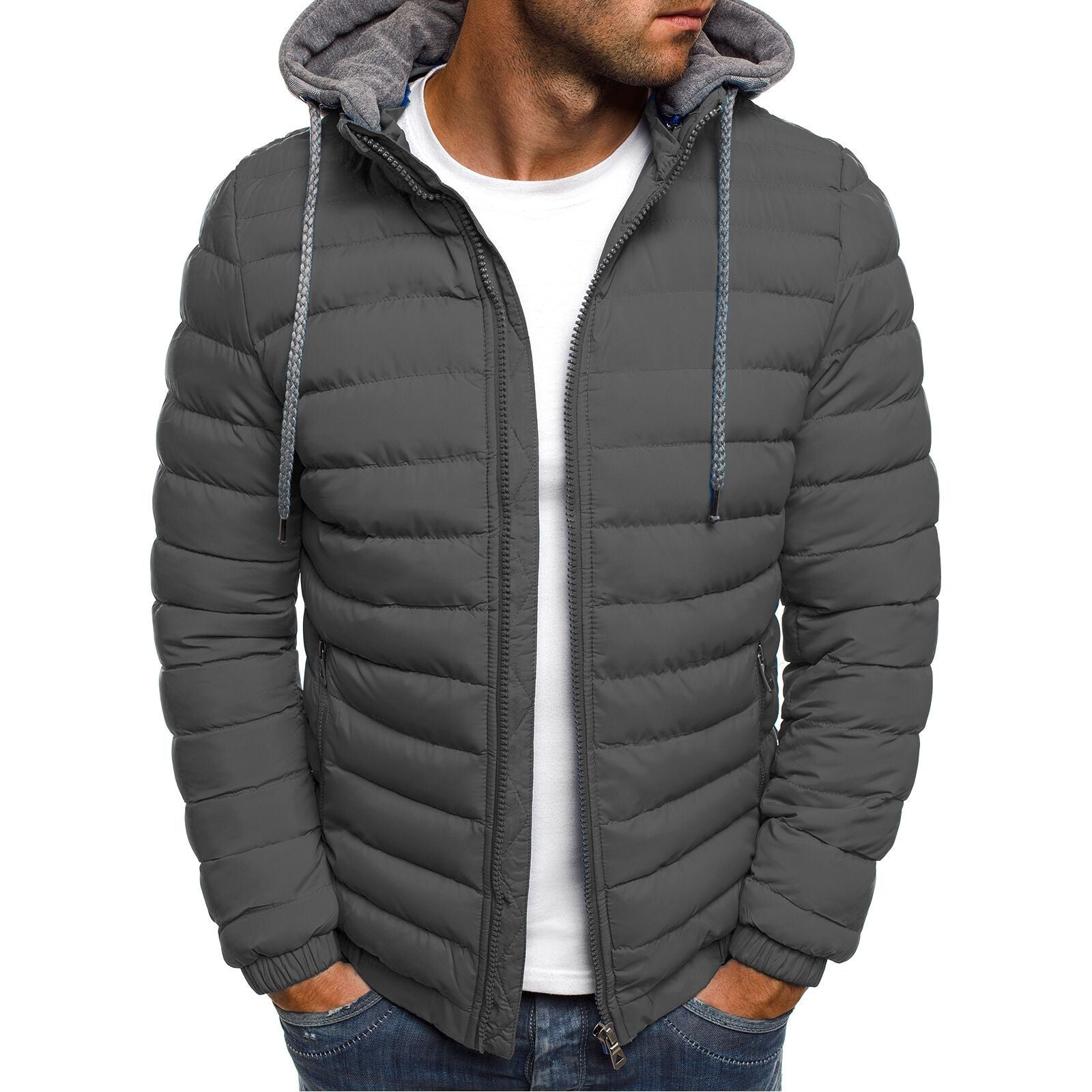 Year-Round Winter Men's Cotton Coat with Detachable Hood, European Size, Solid Color, Simple Cotton Jacket, Men's Outerwear Wholesale