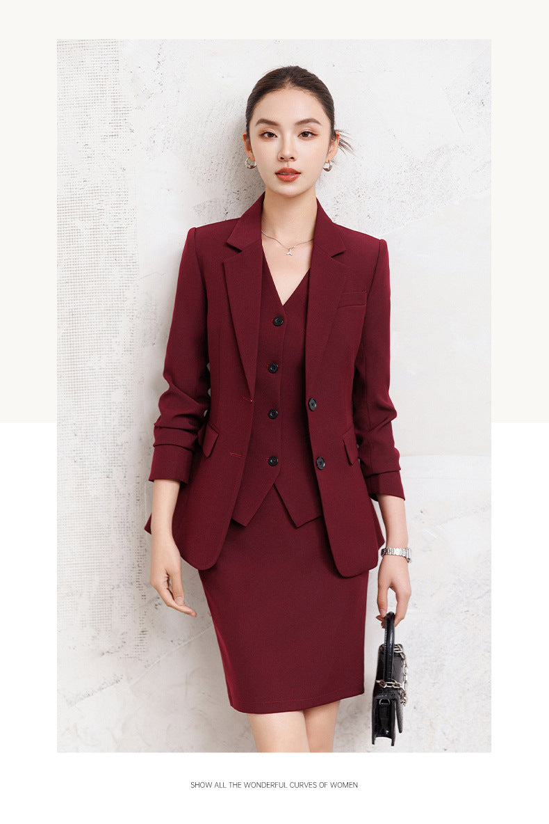 Cross-Border Red Hostess Suit Set for Women, Formal Attire for Broadcast Art Exams, Speech Competitions, Interviews, and News Anchor On-Camera Appearance