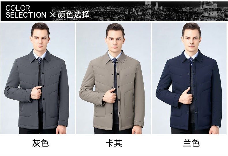 2025 Winter Mulberry Silk Men's Cotton Jacket with Turn-Down Collar, Quilted Middle-Aged Business Casual Cotton Coat for Dad