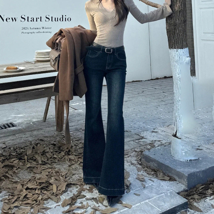 American Retro Flared Jeans for Women, Spring New Slim Fit Low-Rise Straight Cigarette Flared Pants Trendy