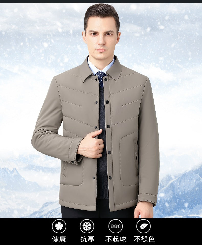 2025 Winter Mulberry Silk Men's Cotton Jacket with Turn-Down Collar, Quilted Middle-Aged Business Casual Cotton Coat for Dad