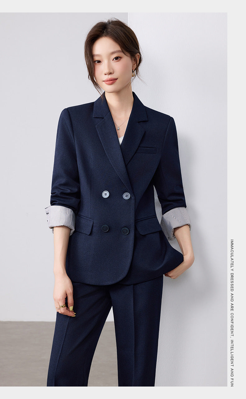 Cross-Border Fashion Simple Double-Breasted Suit Set for Women, New Design with High-End Elegance and Goddess-Like Style, Long-Sleeve Blazer