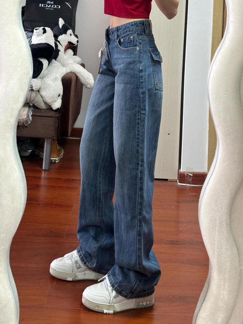 High-Waisted Loose Straight-Leg Jeans for Women, Autumn New Blue Petite Slim-Fit Narrow Wide-Leg Pants