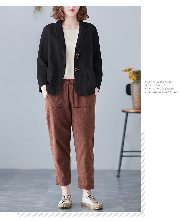 2025 Real Shot of New Cotton and Linen Retro Literary Loose Versatile Casual Long-Sleeved Button-Down Small Suit Short Jacket for Women