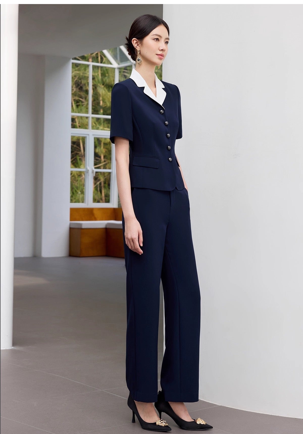 Summer New Navy Blue Short-Sleeved Professional Suit Suit Color-Blocked Suit Collar Single-Breasted Slim Slim Work Clothes