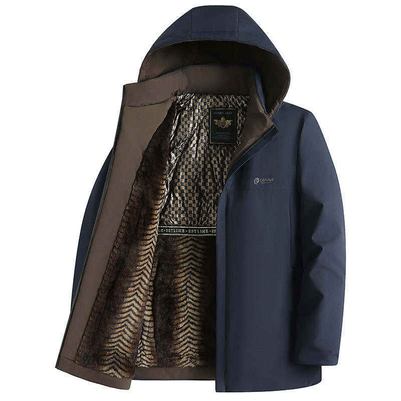 Middle-aged and elderly cotton-padded jacket 2024 winter middle-aged men's fleece-lined hooded jacket business leisure warm cotton-padded jacket