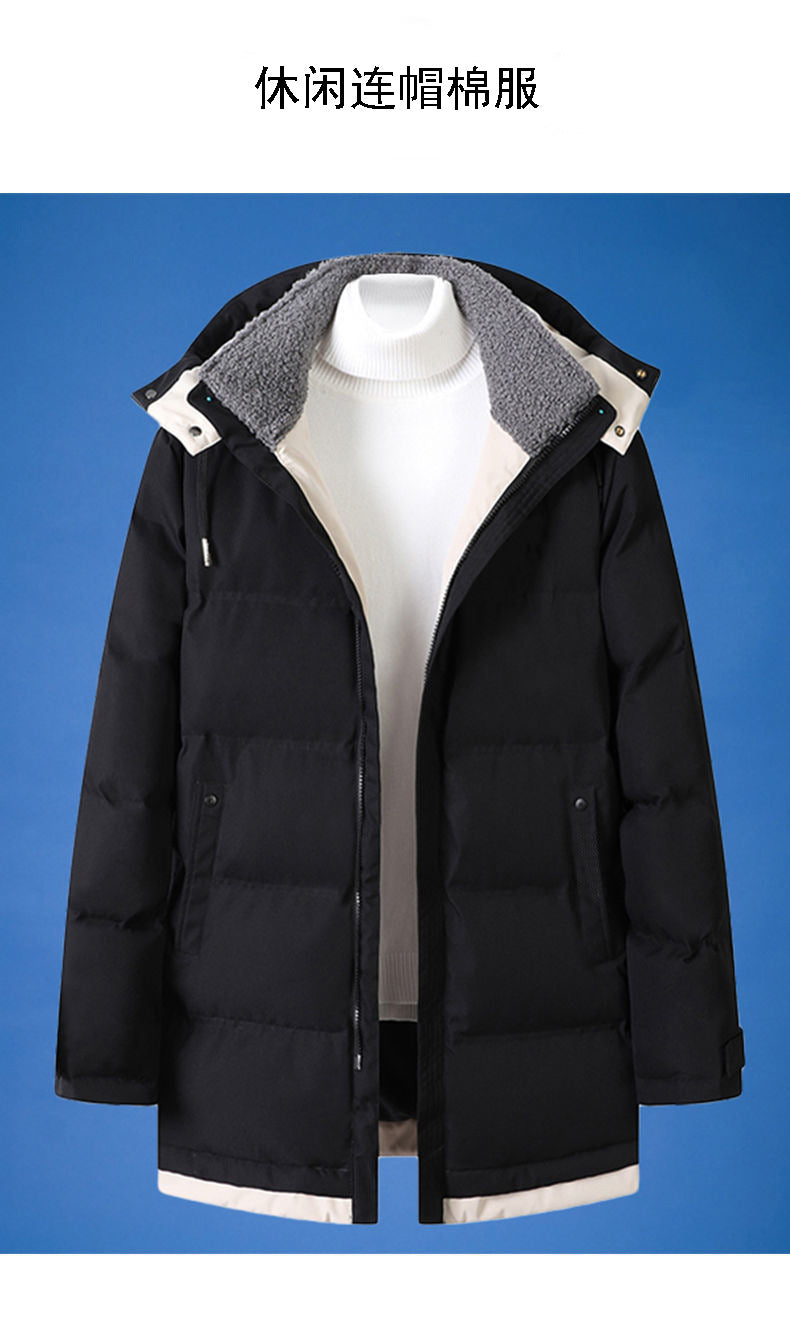 Cotton Men's Coat Mid-length Winter New Hooded Fashionable Thickened Warm Cotton Coat Winter Down Cotton Coat