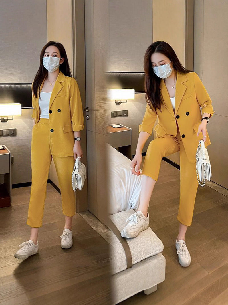 Cross-Border Plus Size Women's Clothing Plus Size Fashion Suit Women's Spring and Autumn Korean Style Temperament Back Slit Cropped Pants Two-Piece Set