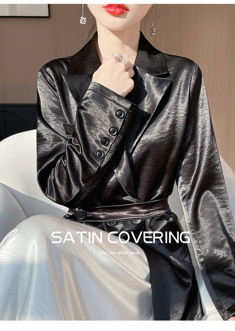 Light Luxury French Style Slimming Women's Coat Belt Satin Suit Women's Loose Elegant Glossy Casual Suit
