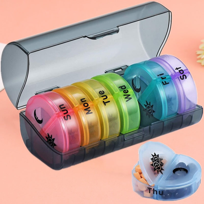 Seven days round box transparent color 14 grid medicine box detachable small size portable large capacity pp material packaging box
