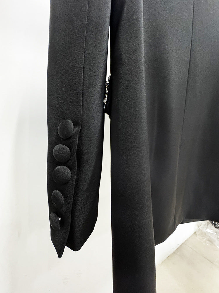 In Stock 2026 European and American Trendy Fashion New Style Handmade Luxurious Heavy Beading and Rhinestone Embellished Slim Fit Mid-Length Blazer