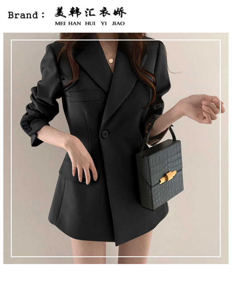 khaki Suit Jacket Women's Spring and Autumn Korean-style Ins Hong Kong-style Retro Top Tight Waist Slimming Mid-length Small Suit