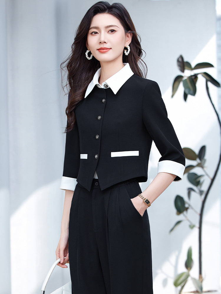 Tweed Style Splicing Jacket with Metal Buckle for Women Spring and Summer New High-End Fashion Doll Collar Elegant Three-Quarter Sleeve Suit