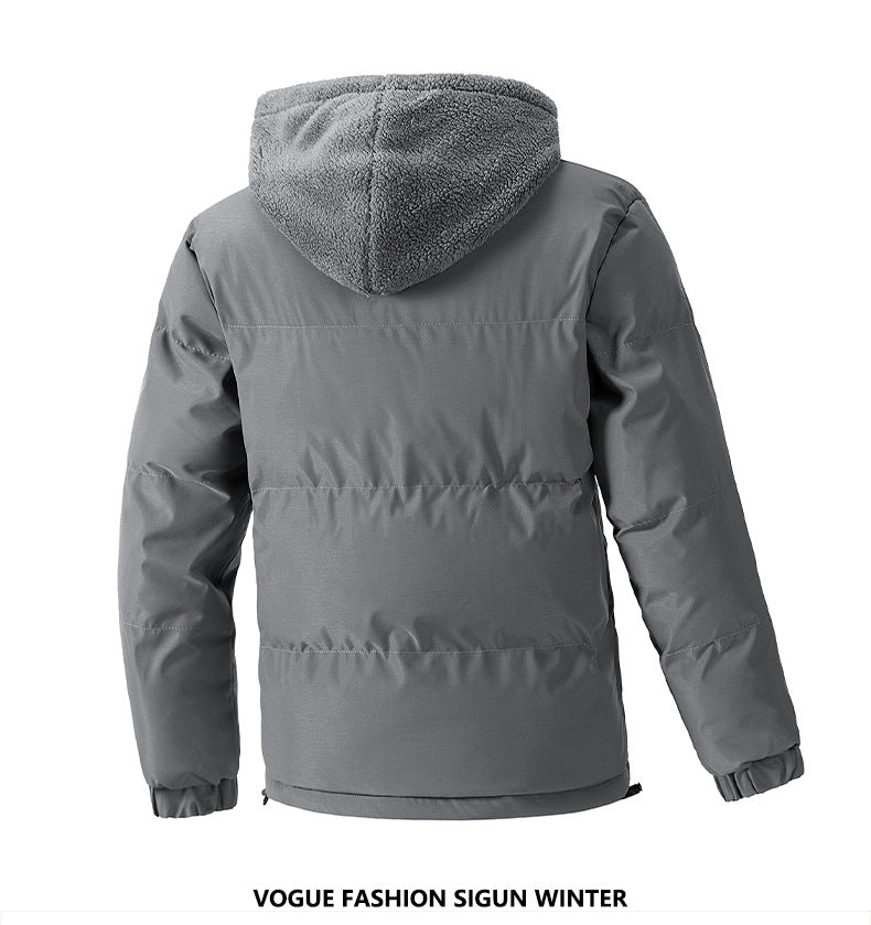 2025 Winter New Cross-Border Men's Cotton Jacket, Faux Two-Piece Solid Color Design with Fleece Lining and Thickened Polar Fleece Cotton Coat